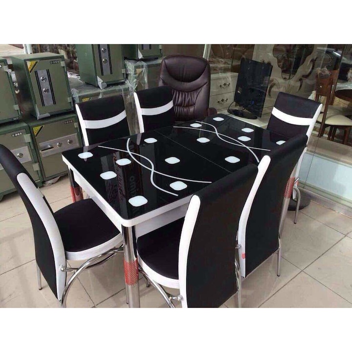 Set masa cu 6 scaune negru cu buline albe , 170x80 cm