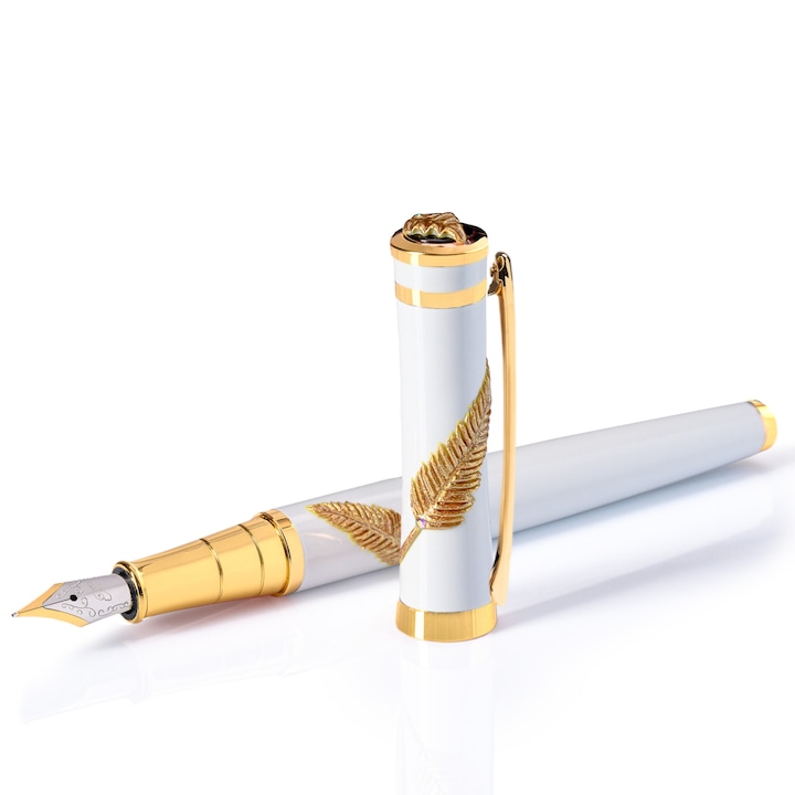 Stilou Roxi White Gold Feather, penita M, convertor cerneala inclus, corp metalic