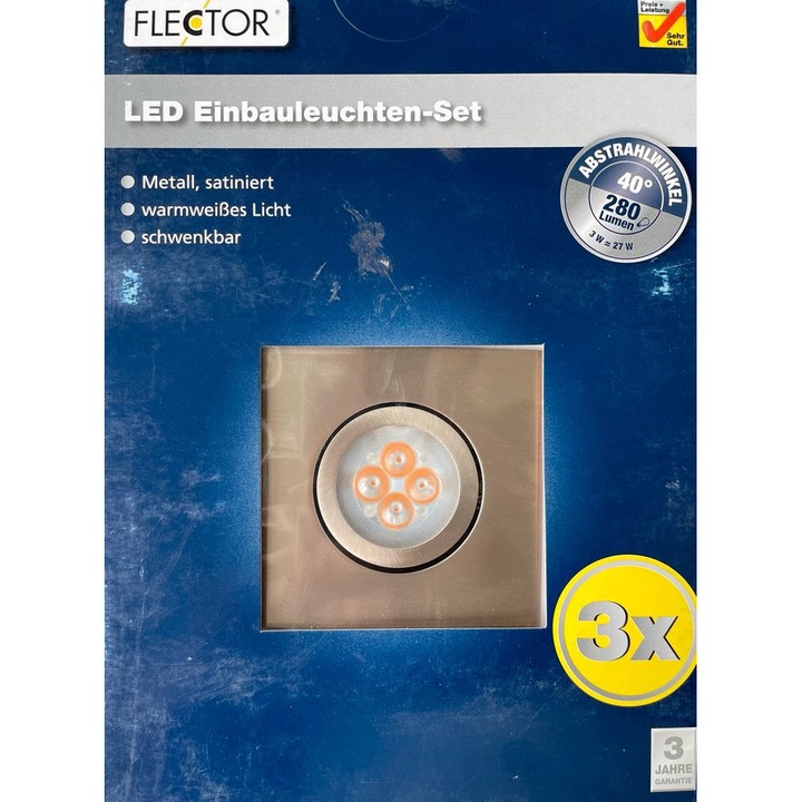 Комплект LED лампи, Flector 917575, Димируеми, Въртящ се, 280lm, 3W, 220-240V, 30000h, 2700K, Energy A+, Топло бяло, Хром, 3 броя