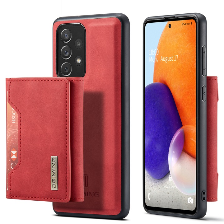 Калъф за Samsung Galaxy A73, CaseMe, кожа с фина текстура, back cover, подвижен портфейл с джобове за банкноти и карти, функция за стойка, Червено
