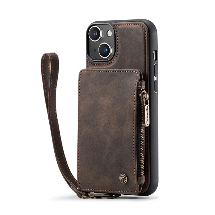 Borító iPhone 14-hez, CaseMe, bársonyos textúrájú bőr, hátlap, kártyanyílás, cipzáras zseb, kivehető pánt, RFID védelem, Maro kávé