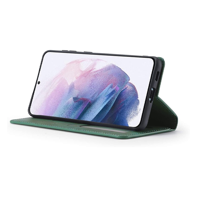 Husa Tip Carte din piele PU compatibila cu Samsung Galaxy S21 FE, Matte Leather Design, Suport card, Stand, Inchidere Magnetica, Proficient Protection, Verde