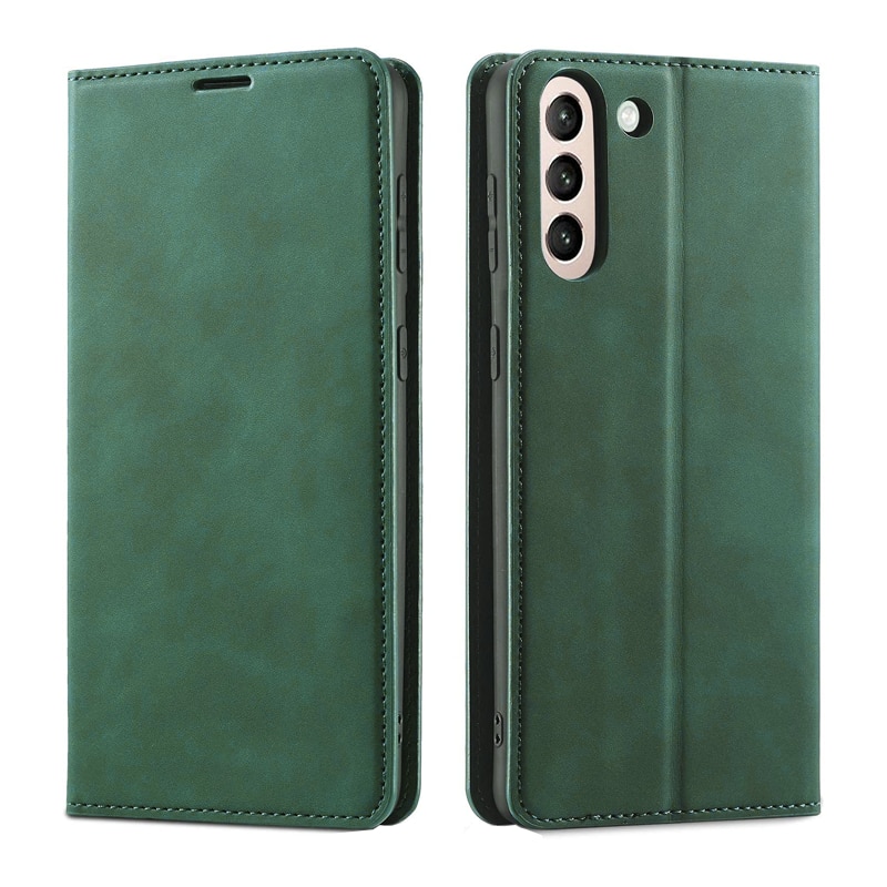 Husa Tip Carte din piele PU compatibila cu Samsung Galaxy S21 FE, Matte Leather Design, Suport card, Stand, Inchidere Magnetica, Proficient Protection, Verde