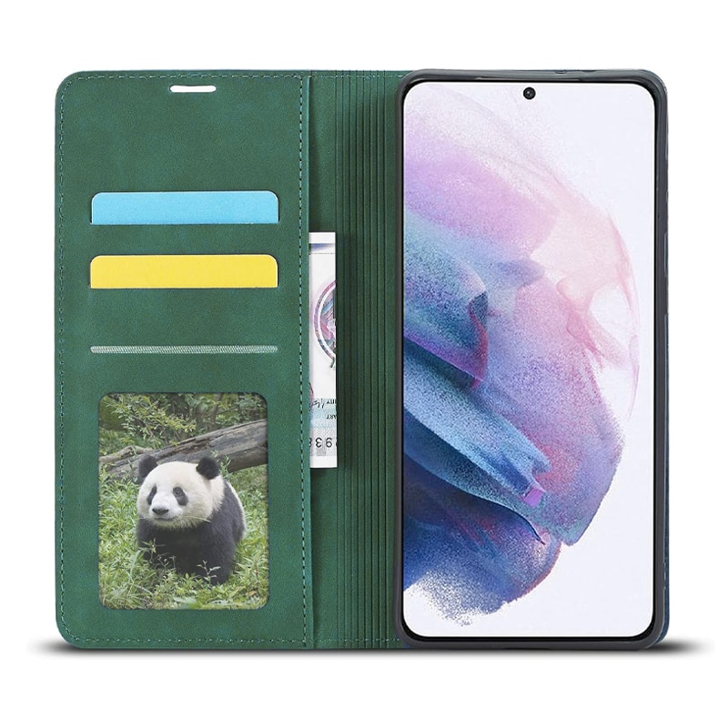 Husa Tip Carte din piele PU compatibila cu Samsung Galaxy S21 FE, Matte Leather Design, Suport card, Stand, Inchidere Magnetica, Proficient Protection, Verde