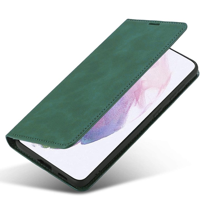 PU bőr könyves tok kompatibilis Samsung Galaxy S21 FE készülékkel, selymes érintés, matt bőr kialakítás, kártyatartó, állvány funkció és mágneses záródás, megfelelő védelem, zöld