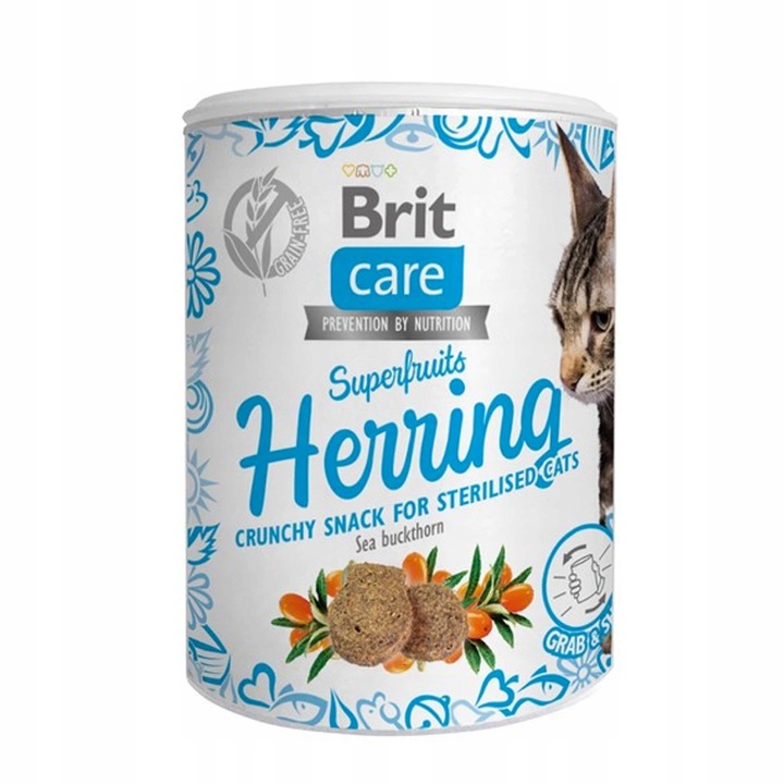 BRIT Care Snack Superfruits, Herring si Catina, recompense fara cereale pisici sterilizate, 100g