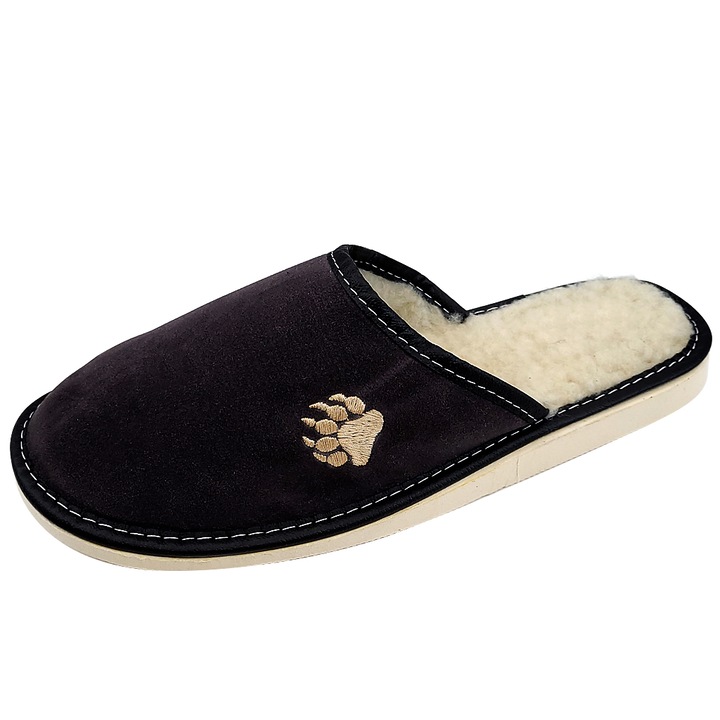 Papuci Barbati, Model 'Wild and Strong', Material Piele Intoarsa, Culoare Negru