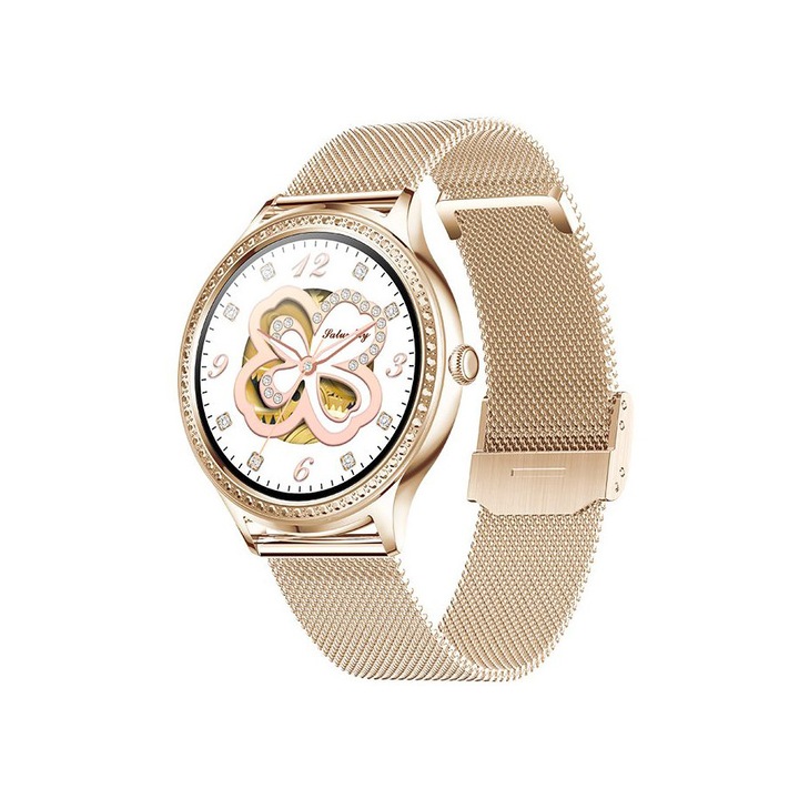 Ceas Smartwatch AK35 dama, elegant, 1.32 inch, HD, full touchscreen, multisports mode, monitorizare ciclu menstrual, Aur