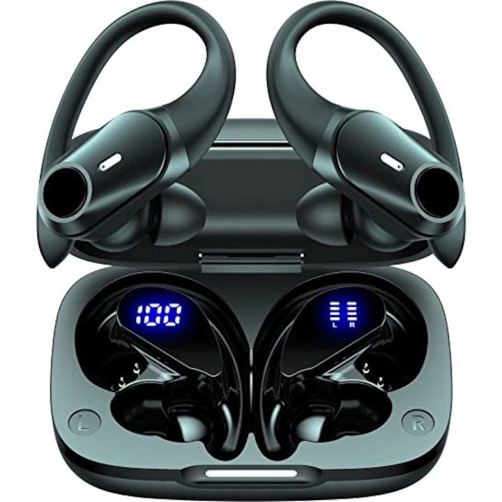 Techmoon Sport Vezeték nélküli fülhallgató, Bluetooth 5.0, LED kijelző, HD mikrofonok, vízálló, 650 mAh akkumulátor, 36 órás autonómia, fekete