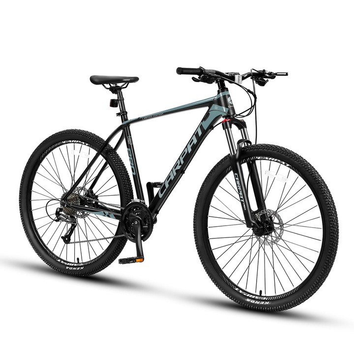 Bicicleta MTB cu Roti de 26", echipare Shimano Altus, frane Hidraulice Disc, furca blocabila, 27 Viteze, cabluri integrate, negru/gri, Marime M, Mountain Bike Carpat PRO Limited Edition cu cadru din Aluminiu