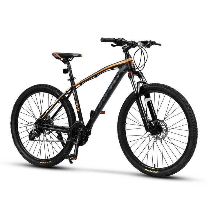 Bicicleta MTB cu Roti de 27.5", echipare Shimano Altus, frane Hidraulice Disc fata/spate, furca reglabila/blocabila, 24 Viteze, Angrenaj Prowheel, negru/portocaliu, Marime M, Mountain Bike Carpat PRO cu cadru din Aluminiu