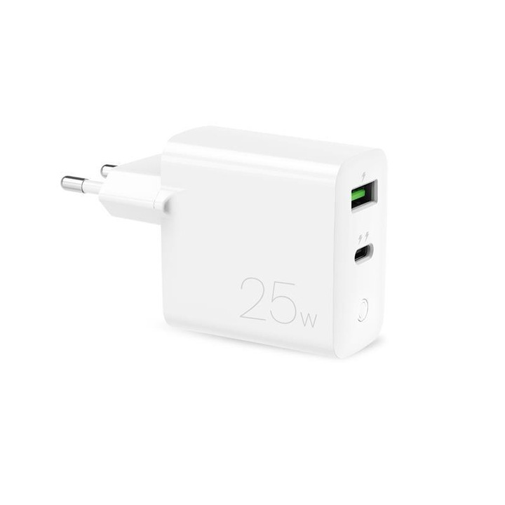 Töltőadapter, Puro, USB-A/USB-C, tápellátás, 25 W, fehér