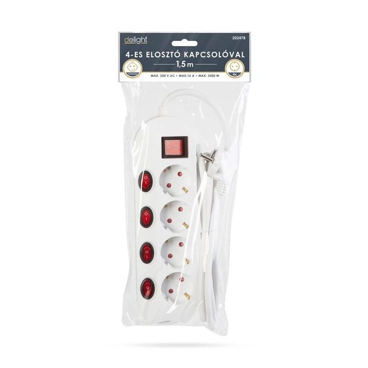 Delight 4-es elosztó túláram védelemmel, 1.5m
