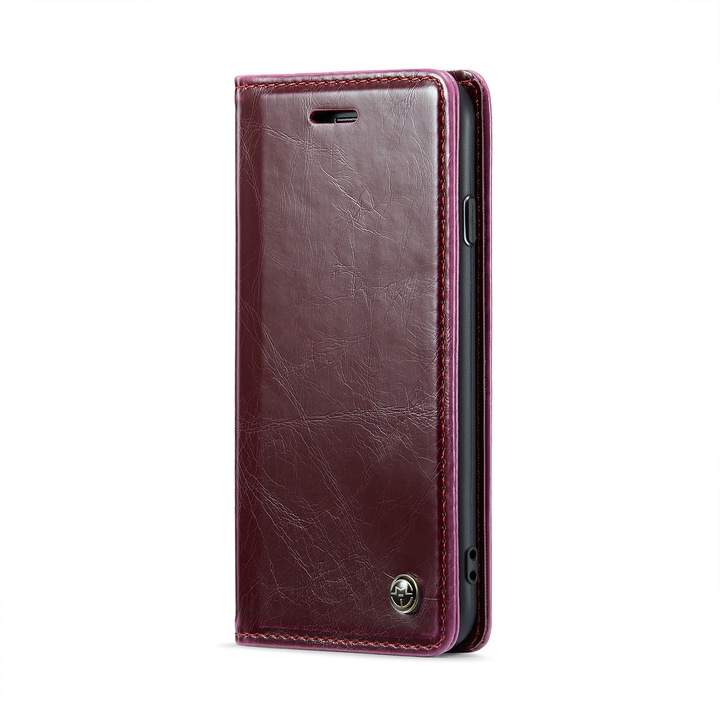 Husa pentru iPhone 8 Plus, iPhone 7 Plus, CaseMe, slim, piele fina, tip portofel, stand, inchidere magnetica, suport moale TPU, Visiniu