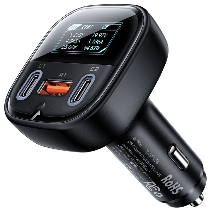 Incarcator auto, Acefast, 101W, 2x USB tip C / USB, Quick Charge 4.0, Negru