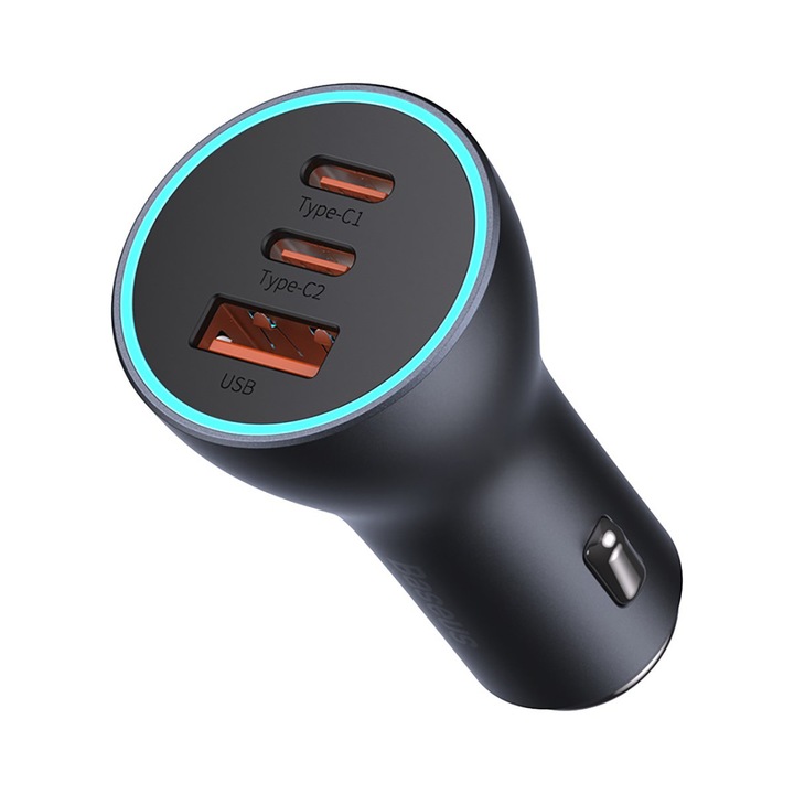 Autós töltő, 1xUSB / 2xUSB-C 65W Baseus arany kontaktor, CGJP010013, szürke