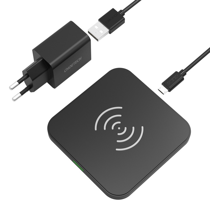 Choetech vezeték nélküli töltő és hálózati töltő szett, QC3.0, MicroUsb + Qi + USB, 10W + 18W, Fekete