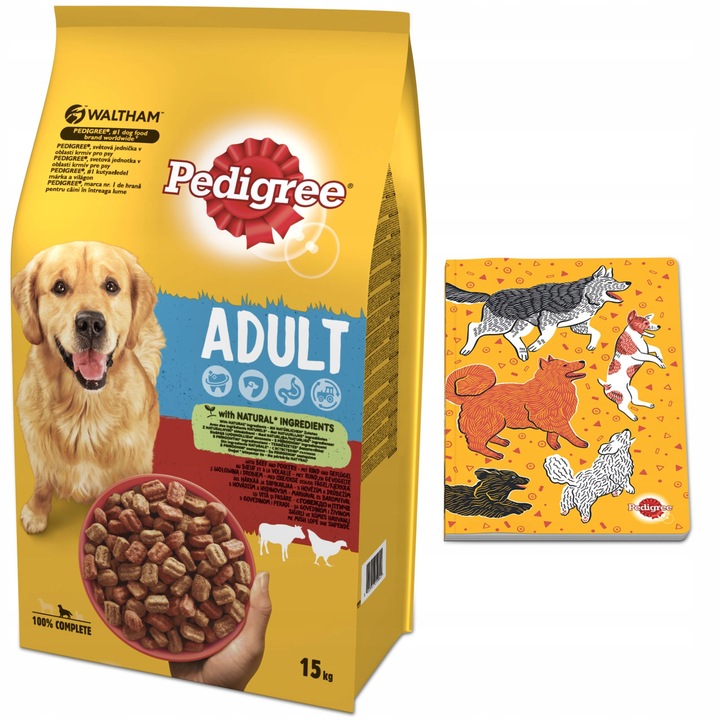 Комплект храна за кучета и тетрадка Pedigree, Суха, Птиче месо, 15 кг