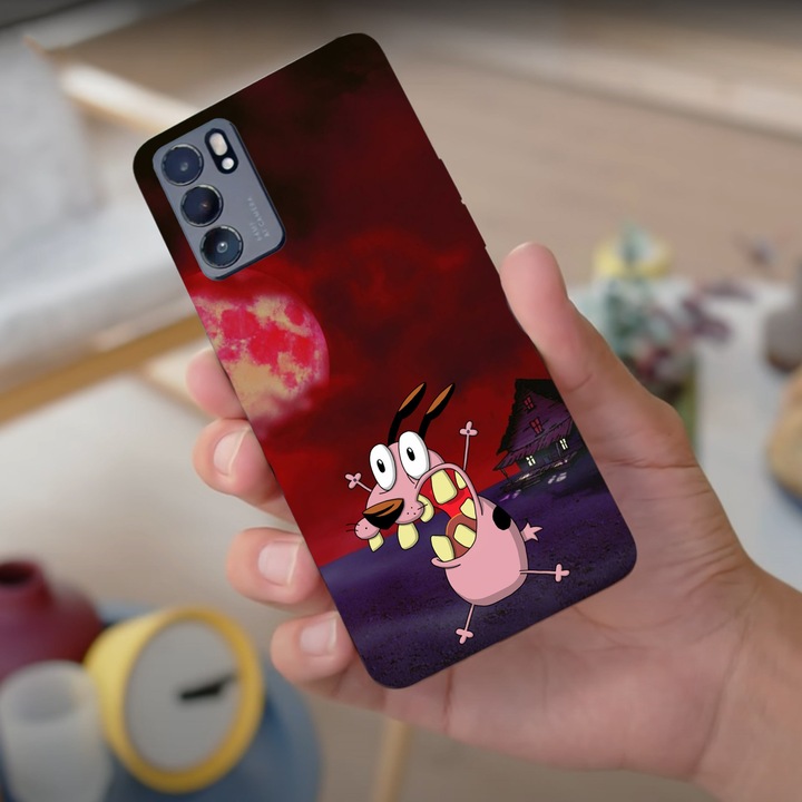 A borító kompatibilis az Oppo Reno 7 modellel Courage the gyáva kutya vörös hold, szilícium, TPU, Viceversa