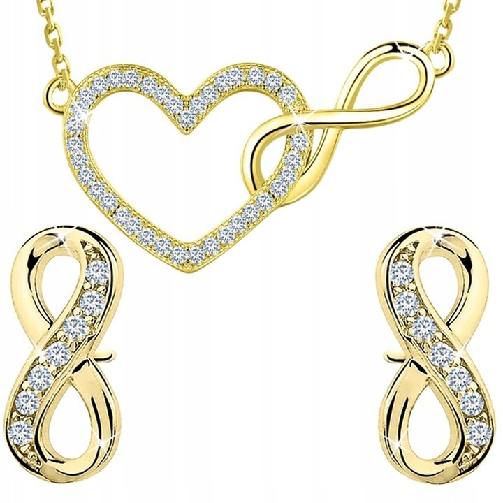 Комплект гривна и обеци за дами, Mennica Bydgoska, Мотив безкрайност и сърце, Сребро, Позлатени, Златисти