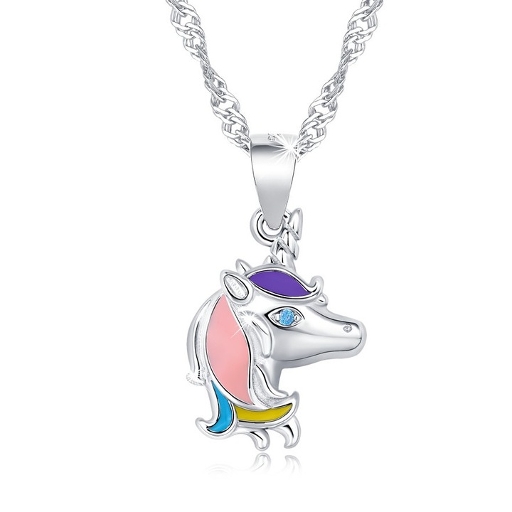 Gyereklánc, Mennica Bydgoska, Unikornis medál, Ezüst 925, Ródium bevonat, 14,9 x 10,8 mm, Ezüst