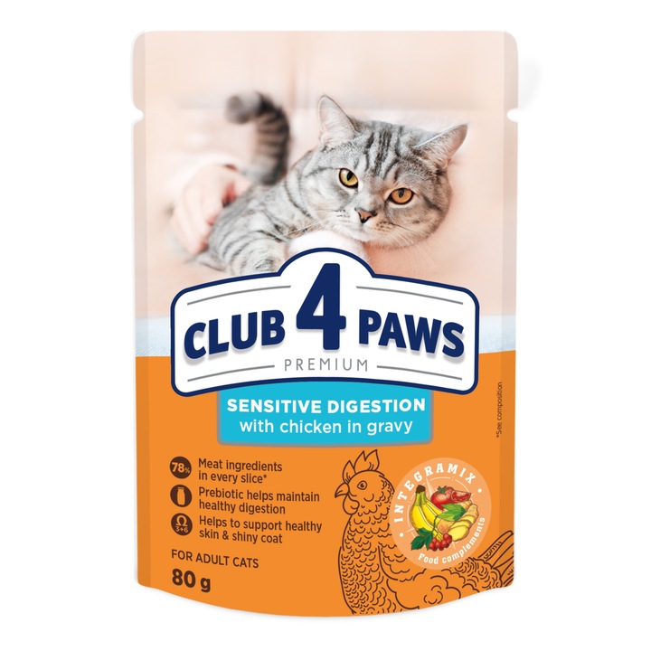 Hrana umeda completa Club 4 Paws Premium pentru pisici cu digestie sensibila, cu pui in sos 24x80g