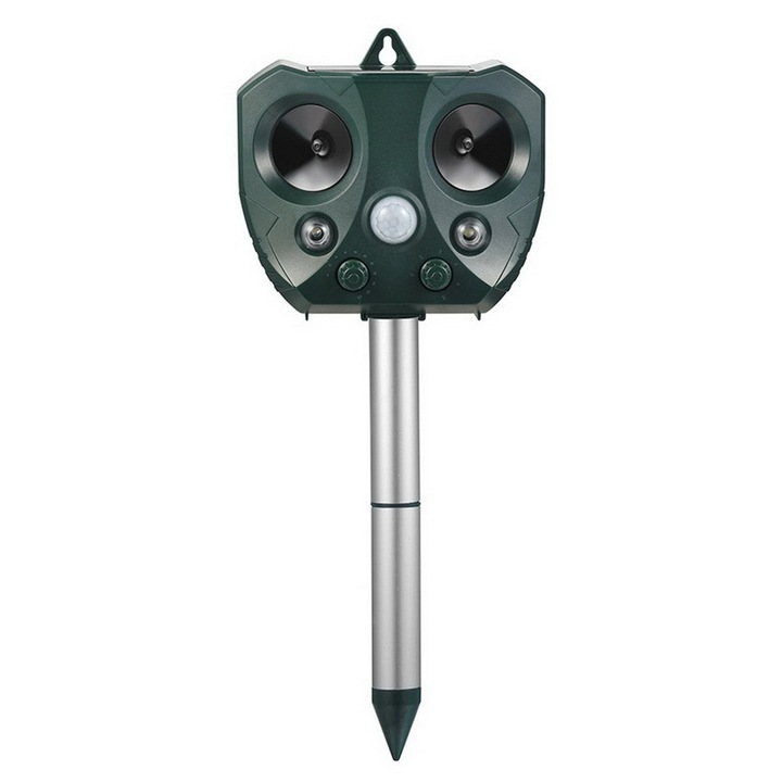 Repelent ultrasonic solar pentru animale, senzor de miscare PIR, incarcare USB, pentru gradina, rezistent la intemperii