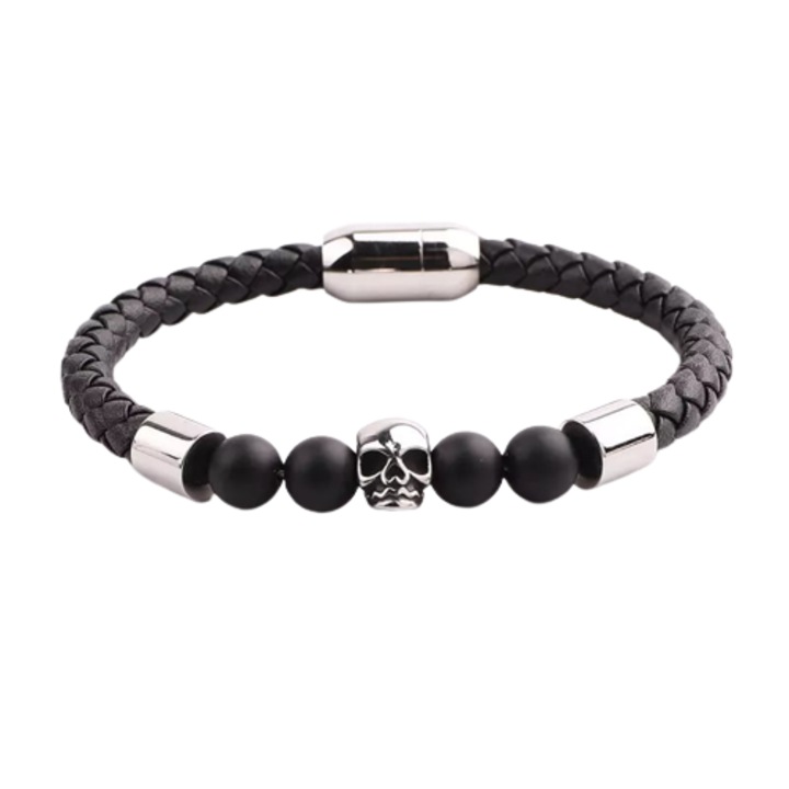 Мъжка гривна от естествена кожа и полускъпоценни камъни тигрово око, модел череп от неръждаема стомана, магнитна закопчалка, Tessero, сребриста
