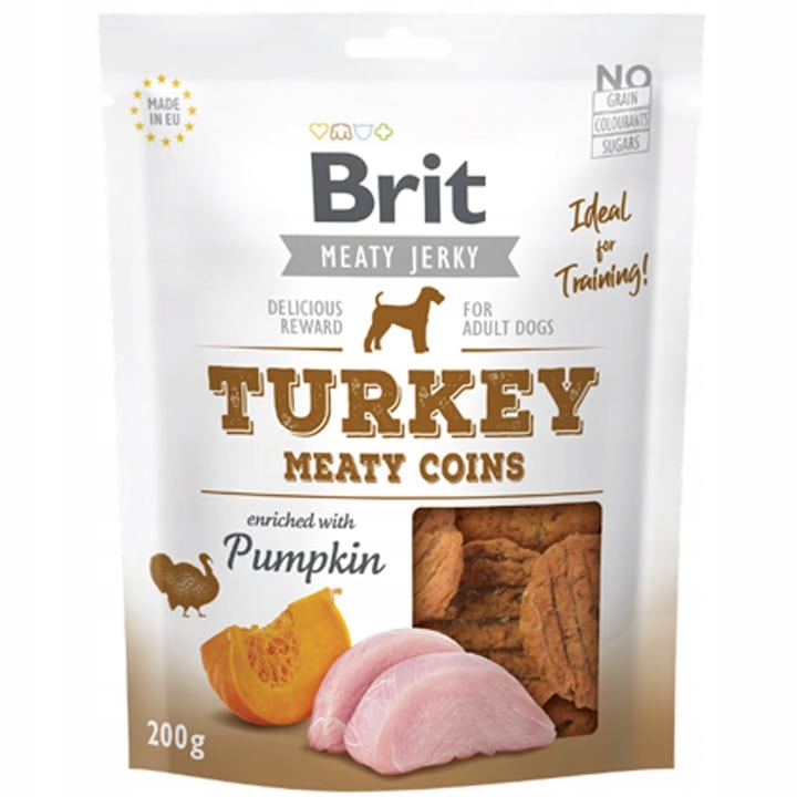Snacksuri pentru caini Brit Meaty coins, Curcan si dovleac, 200g