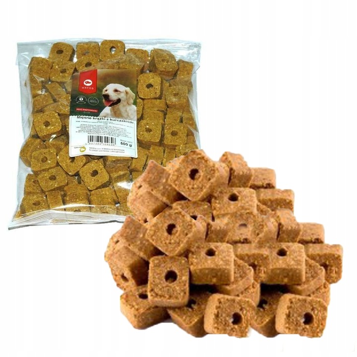 Snacksuri pentru caini Maced, Cubulete cu carne de pui, 500g
