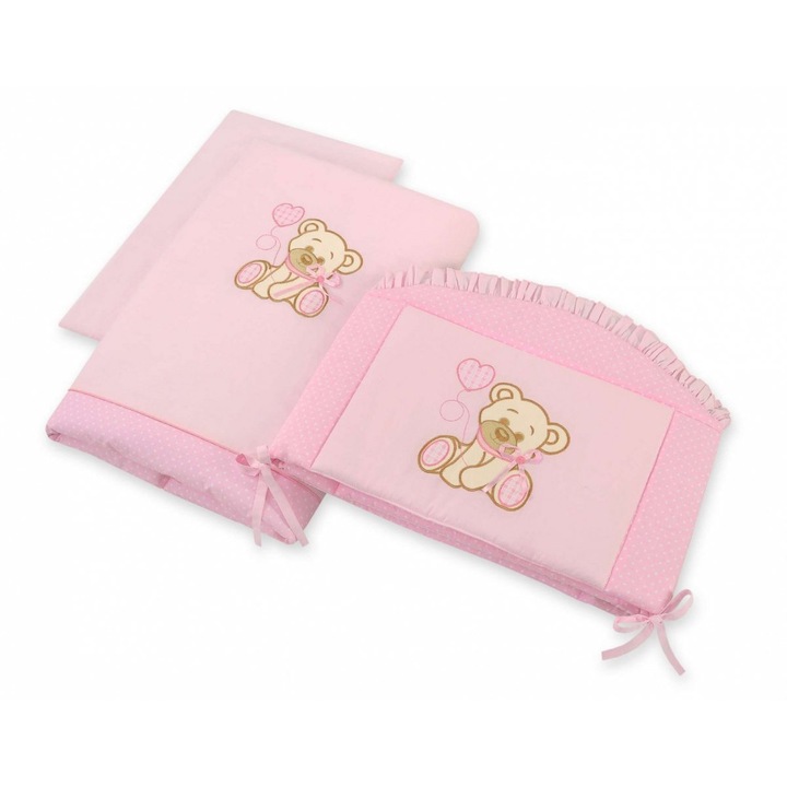 Set lenjerie de patut, My Sweet Baby, 3 bucati, Model ursulet cu fundita, Bumbac, Pentru patut 120 x 60 cm, Roz