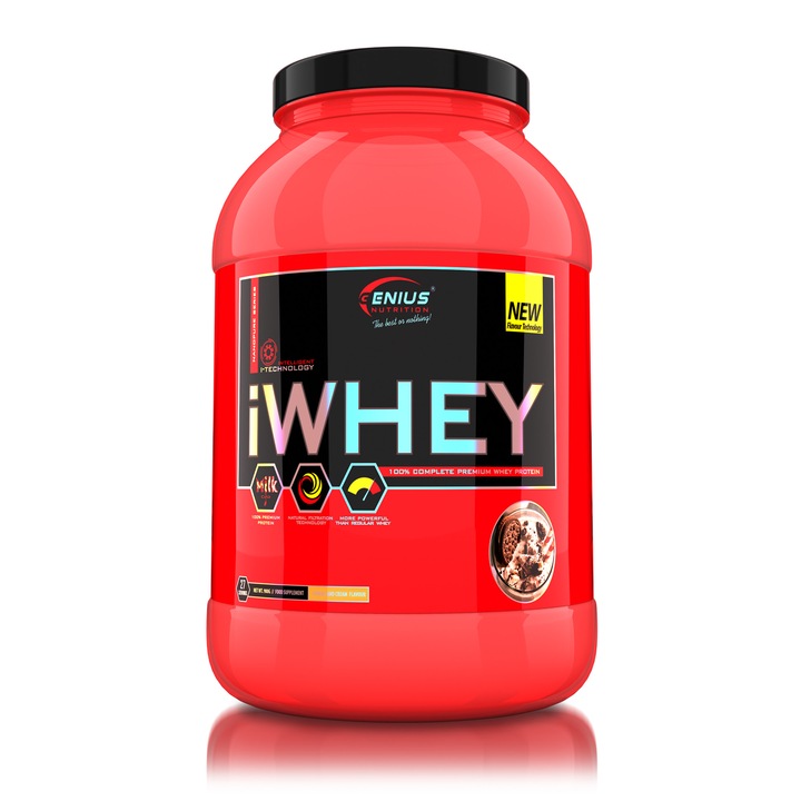 Proteina din zer iWhey Genius Nutrition cu aroma de Biscuiti cu Crema cu efect de stimulare si crestere a masei musculare, 900g, 27 de serviri