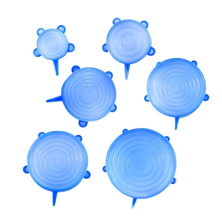 Set 6 capace flexibile din silicon, marimi diferite, Albastru-Transparent