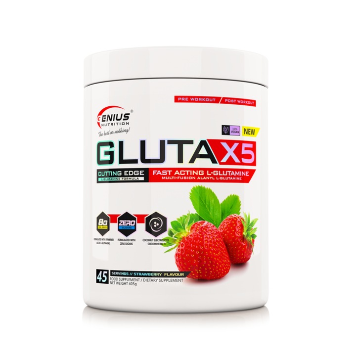 Gluta-X5, aliatul numarul 1 in combaterea sindromului intestinului permeabil si dezvoltarea masei musculare, cu aroma de Capsuni, 405g, 45 serviri