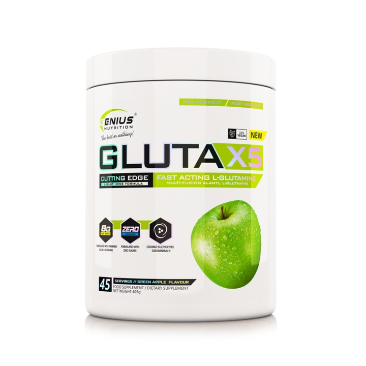 Gluta-X5, Genius Nutrition Aminoacizi pudra pentru dezvoltare masa musculara, cu aroma de Mar Verde, 405g, 45serviri
