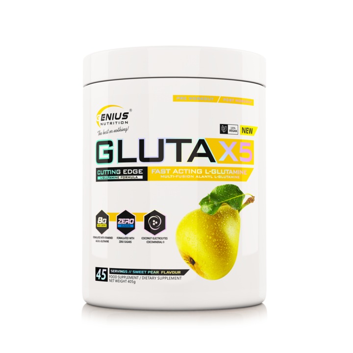 Gluta-X5 Genius Nutrition, aliatul numarul 1 in combaterea sindromului intestinului permeabil si dezvoltarea masei musculare, cu aroma de Para, 405g, 45 serviri