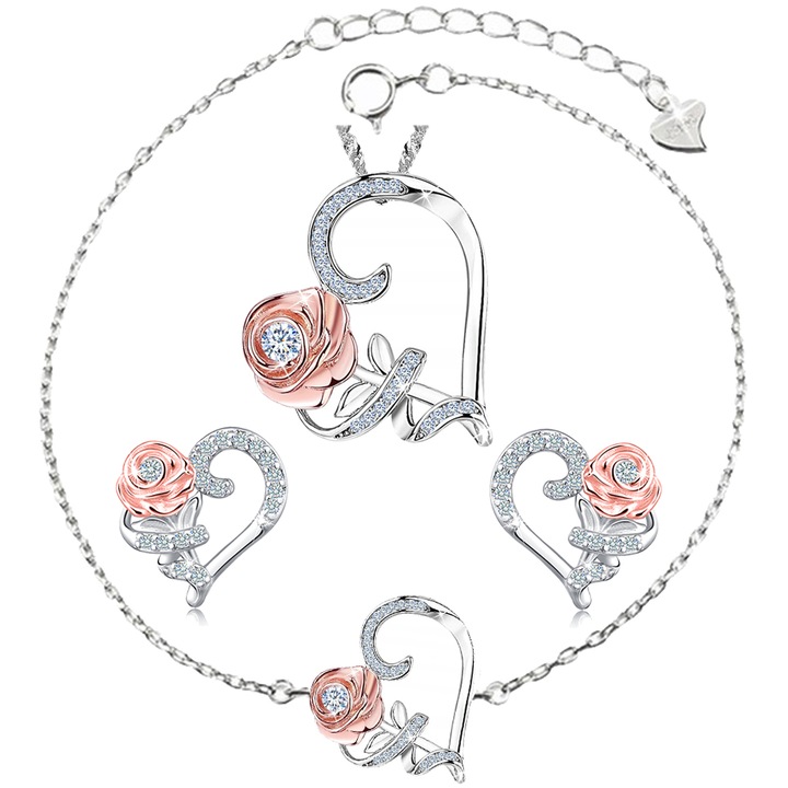 Set colier. cercei si bratara pentru femei. Mennica Bydgoska. Model inima. Argint. Argintiu/Roz