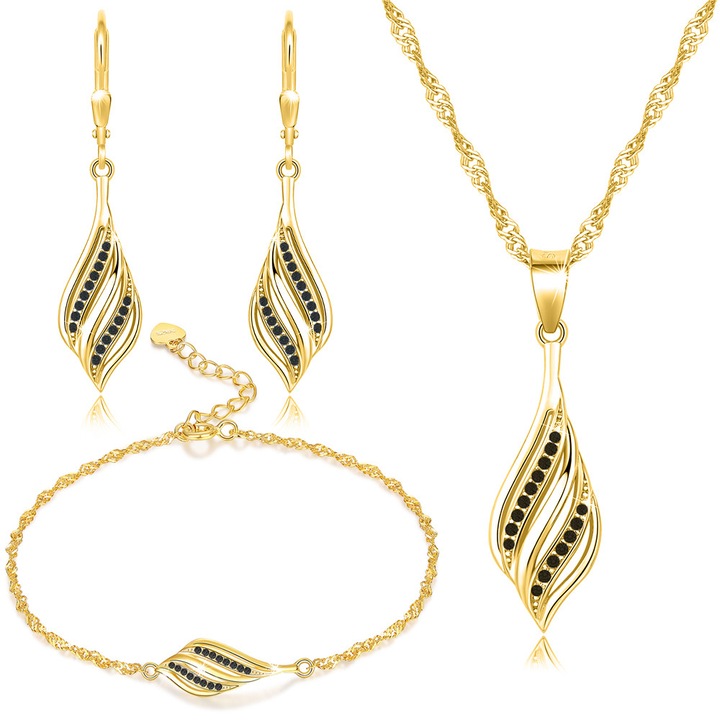Set colier, cercei si bratara dama, Mennica Bydgoska, Argint, Pietre zirconiu, Auriu/Negru