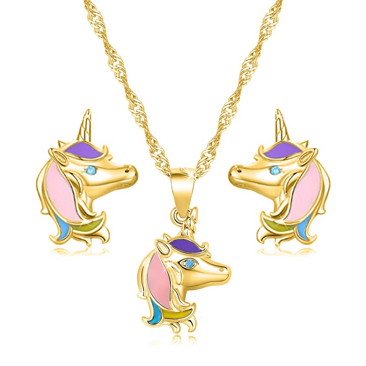 Nyaklánc és fülbevaló szett lányoknak, Mennica Bydgoska, Unicorn modell, ezüst, arany