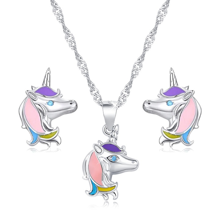 Nyaklánc és fülbevaló szett lányoknak, Mennica Bydgoska, Unicorn modell, ezüst, ezüst