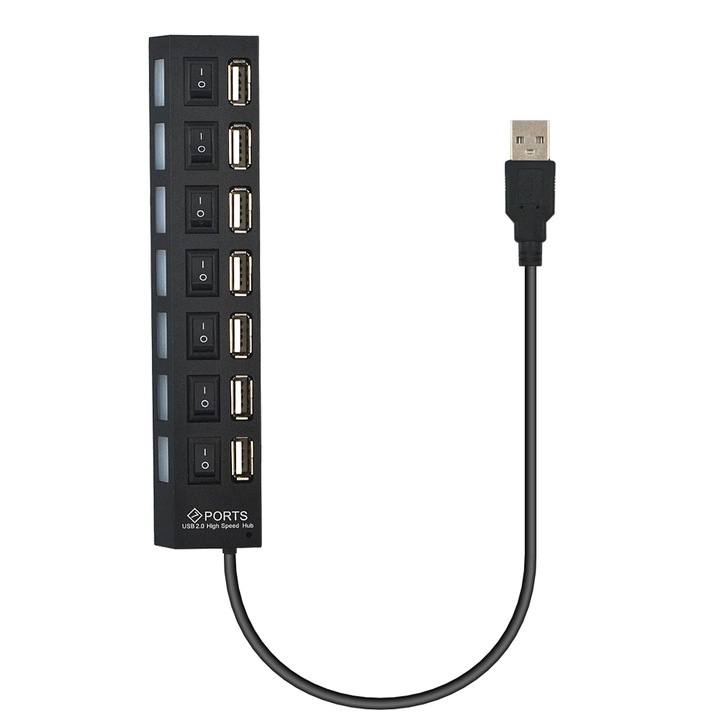 USB хъб 7 USB 2.0 високоскоростни порта, индивидуален бутон за включване/изключване, универсален, черен