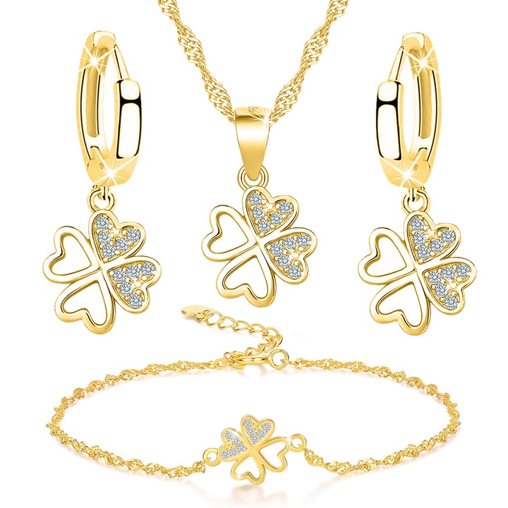 Set colier, cercei si bratara dama, Mennica Bydgoska, Model trifoi, Argint, Pietre zirconiu, Auriu