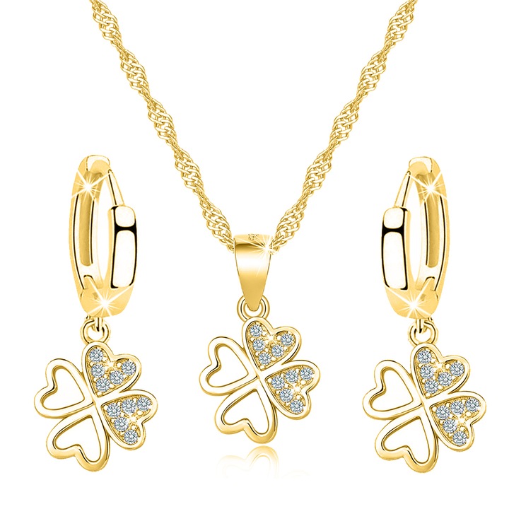 Set colier si cercei dama. Mennica Bydgoska. Model trifoi. Argint. Pietre zirconiu. Auriu