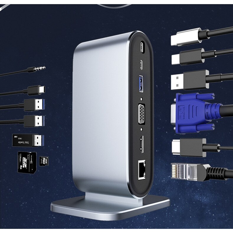 Hub 12n1, USB-C/VGA/HDMI/SD/TF, Argintiu - eMAG.ro