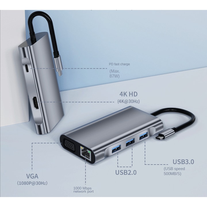 Хъб 7n1, USB-C/VGA/HDMI/Gigable Ethernet, сребрист - eMAG.bg