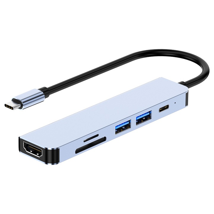 Docking Station USBC ZYTEQ®️, 6 in 1, 1x USB3.0, 1x USB2.0, 1x port USB-C date, 1 x slot pentru card SD, 1x slot card micro SD, 1x 4k HDMI, argintiu
