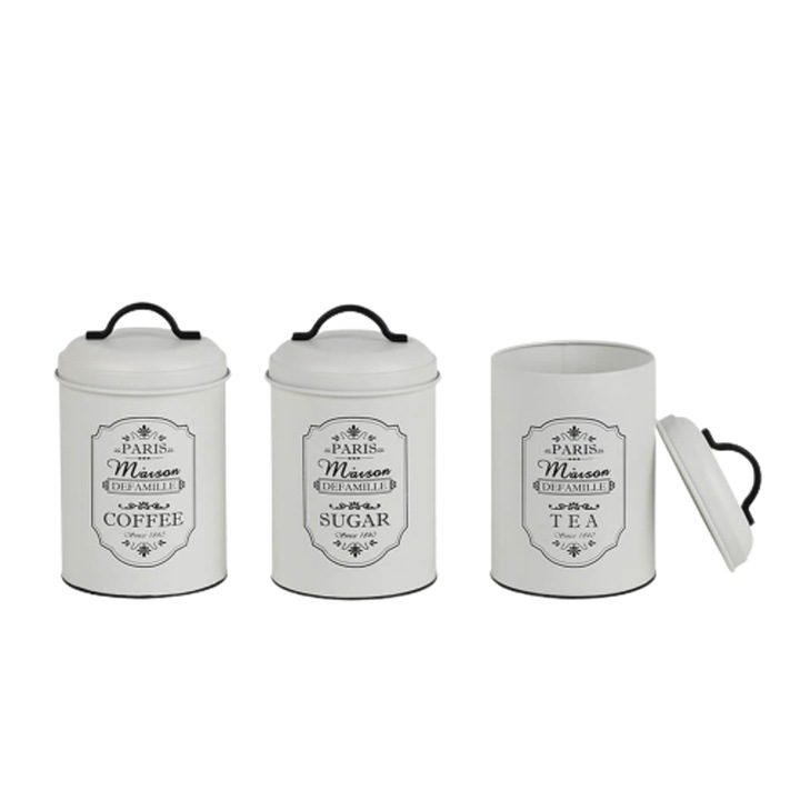 Set de 3 recipiente de depozitare pentru ceai, zahar si cafea, metal, 18,5cm, alb negru