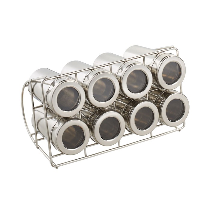 Suport organizator pentru condimente, 8 recipiente, dreptunghiular, 14 x 22 cm, Inox