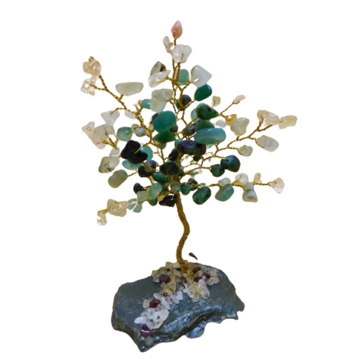 Copacel decorativ "Pomul vietii" din zoisit, onix verde, cuart rutilat si prehnit, 14 cm