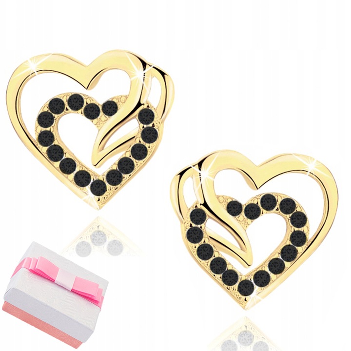 Дамски обеци, Mennica Bydgoska, Сърце, Сребро, Камъни циркон, Златист/Черен